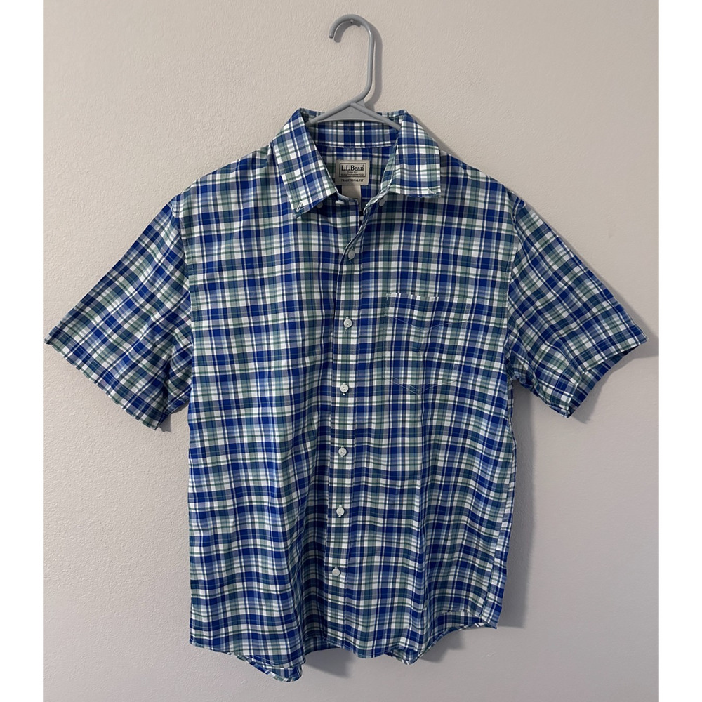 LL Bean Men's Short Sleeve‎ Button Down Shirt M Traditional Fit blue green white